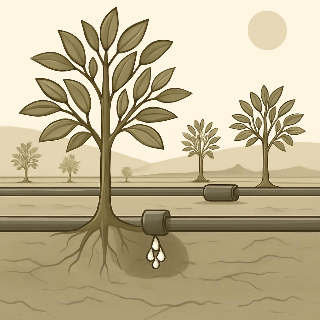This image is a cutaway illustration of a tree growing out of the ground through a pipe, implying irrigation.