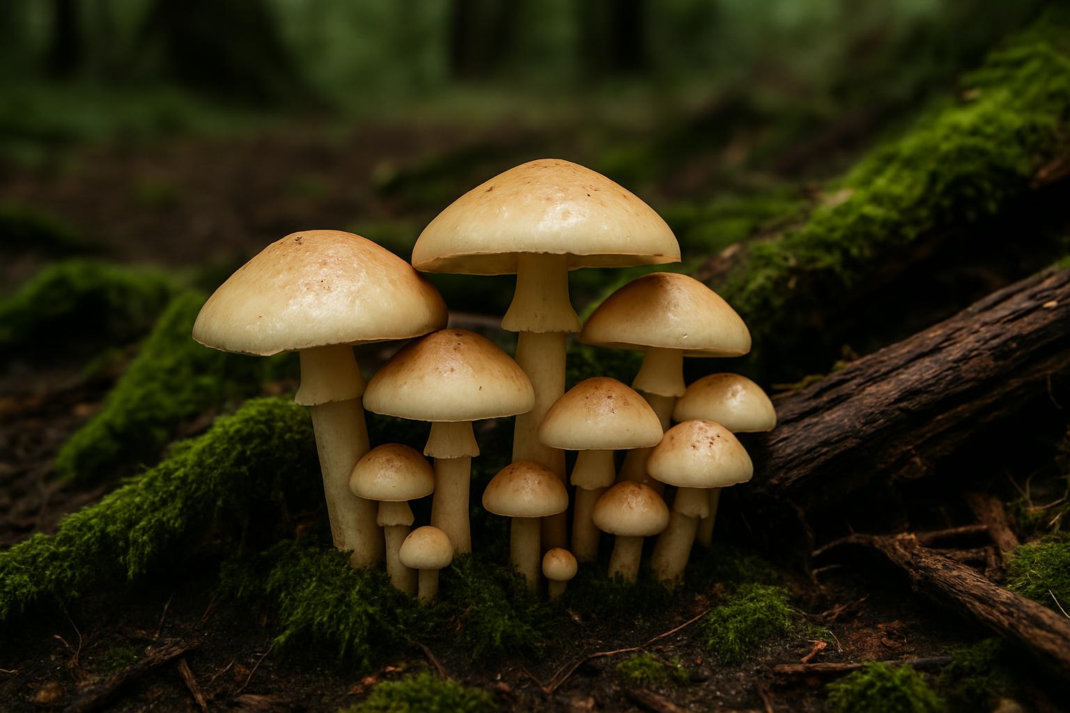 A group of mushrooms in a forest setting, bioluminescent and glowing in the dark environment.