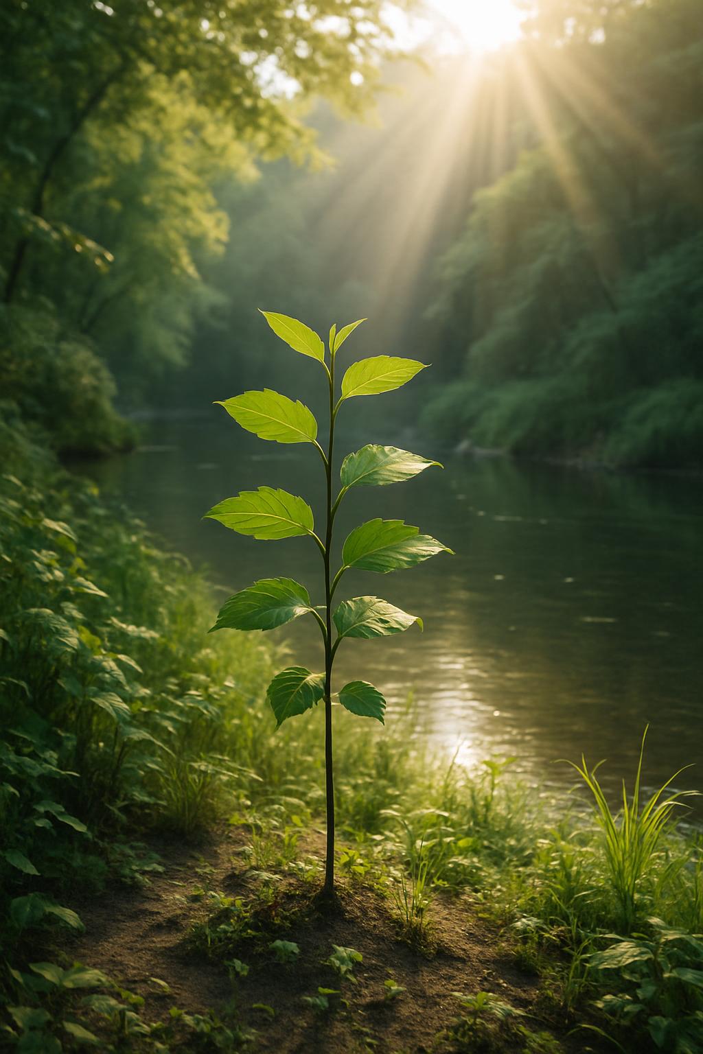 title Newly planted tree sapling by silhouette of lake, sunlight through trees in the background, lush greenery surrounding. Scr...