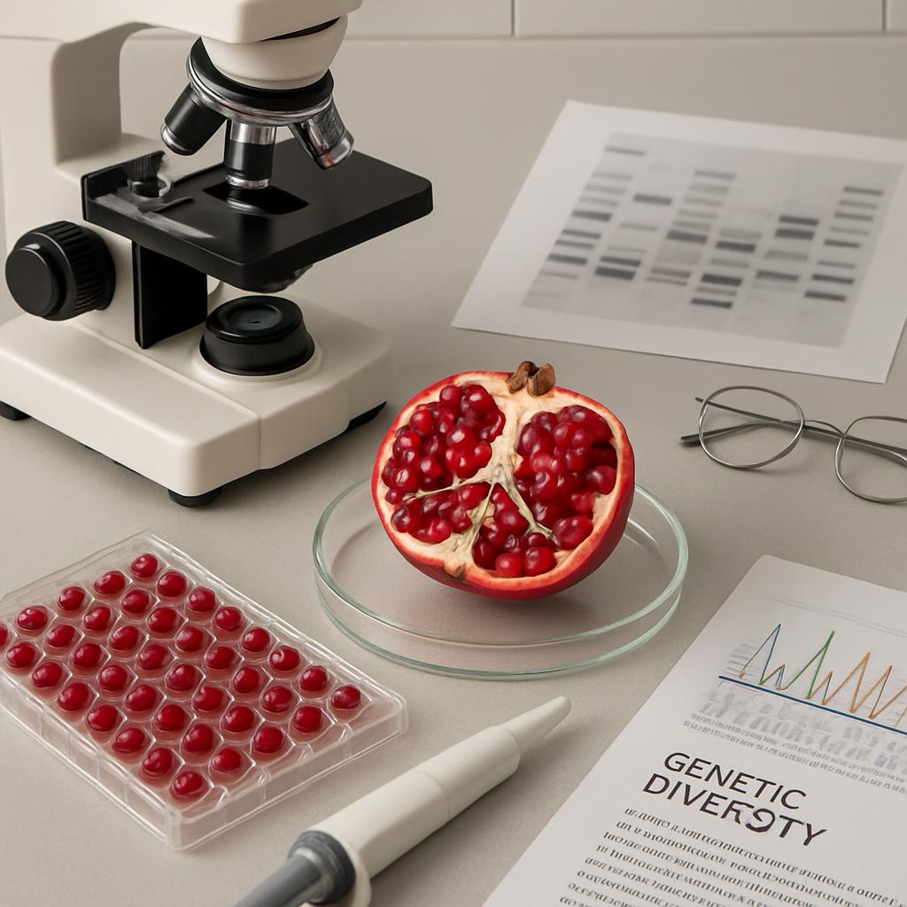 pomegranate in glass bowl, microscope, paper, and Genetic Diversity booklet on table.