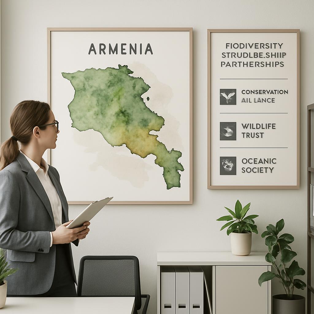 Office workplace with woman, osceanic society, close-up of piece of framed artwork of Armenian map and long hand with fram...