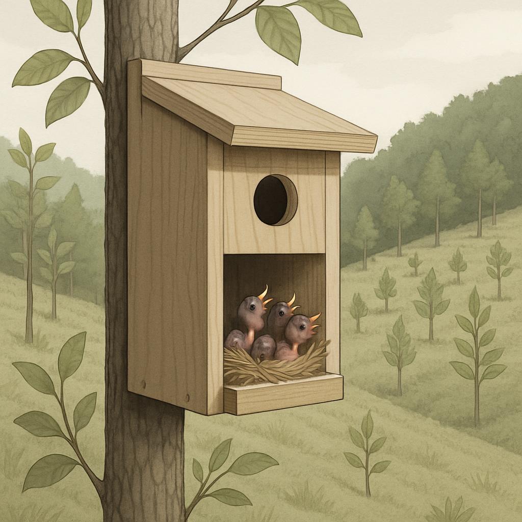 An illustration of a natural wooden birdhouse suspended on a tree in a field of grass and small plants, with three baby bi...