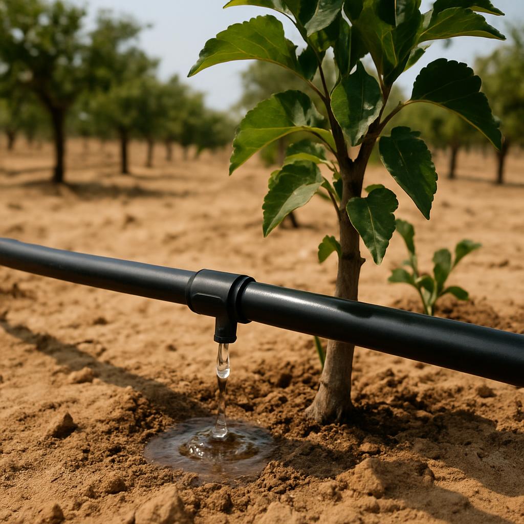 A pipe splits and water drips onto the ground near a small tree or plant, which is standing in dry, sandy soil. A sliver o...
