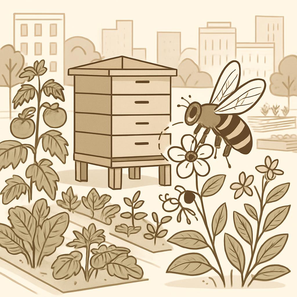 The image depicts a brown-toned illustration of a beehive in a garden, featuring a bee hovering above a flower. This illus...